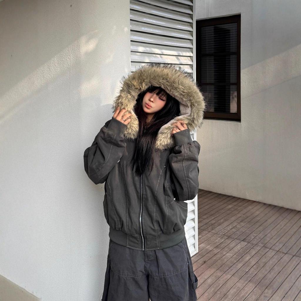 Women's Winter Guochao Zuo Furry Hooded Parka - Super Thick, Water-Washed, Loose Fit Cotton Coat