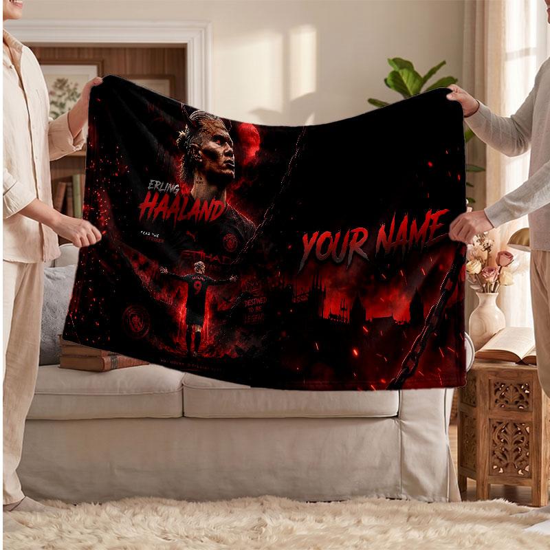Erling Haaland Personalized Fleece Blanket With Football Logo, Custom Name Text Soft Warm Home Throw Blanket