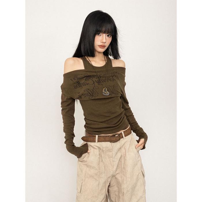 

Женский осенний ретро топ с длинным рукавом на одно плечо, облегающий фигуру L кофейный