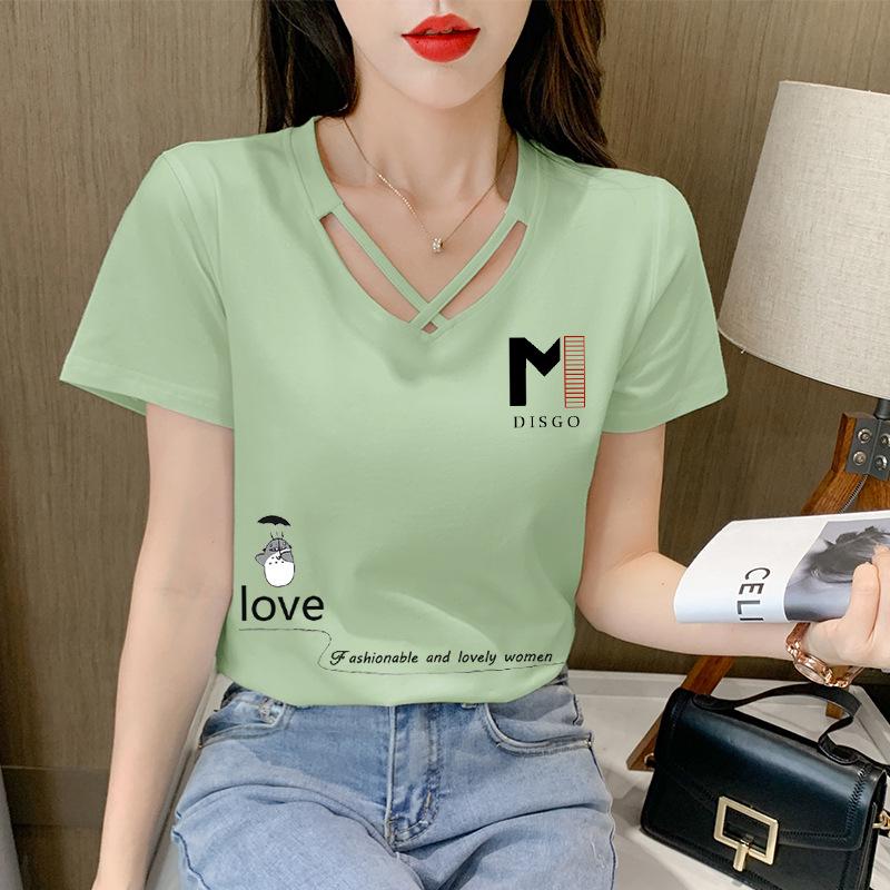 2025 Women's Korean Style V-Neck Short-Sleeve Solid Color T-Shirt