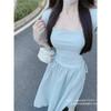 Summer Small Fresh Waist Thin Solid Color Dress French High-end Simple Drawstring Square Neck Dress