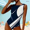 Women Plus Size High Round Neck Sleeveless One Piece Swimsuit Black White Grey Geometric Printed