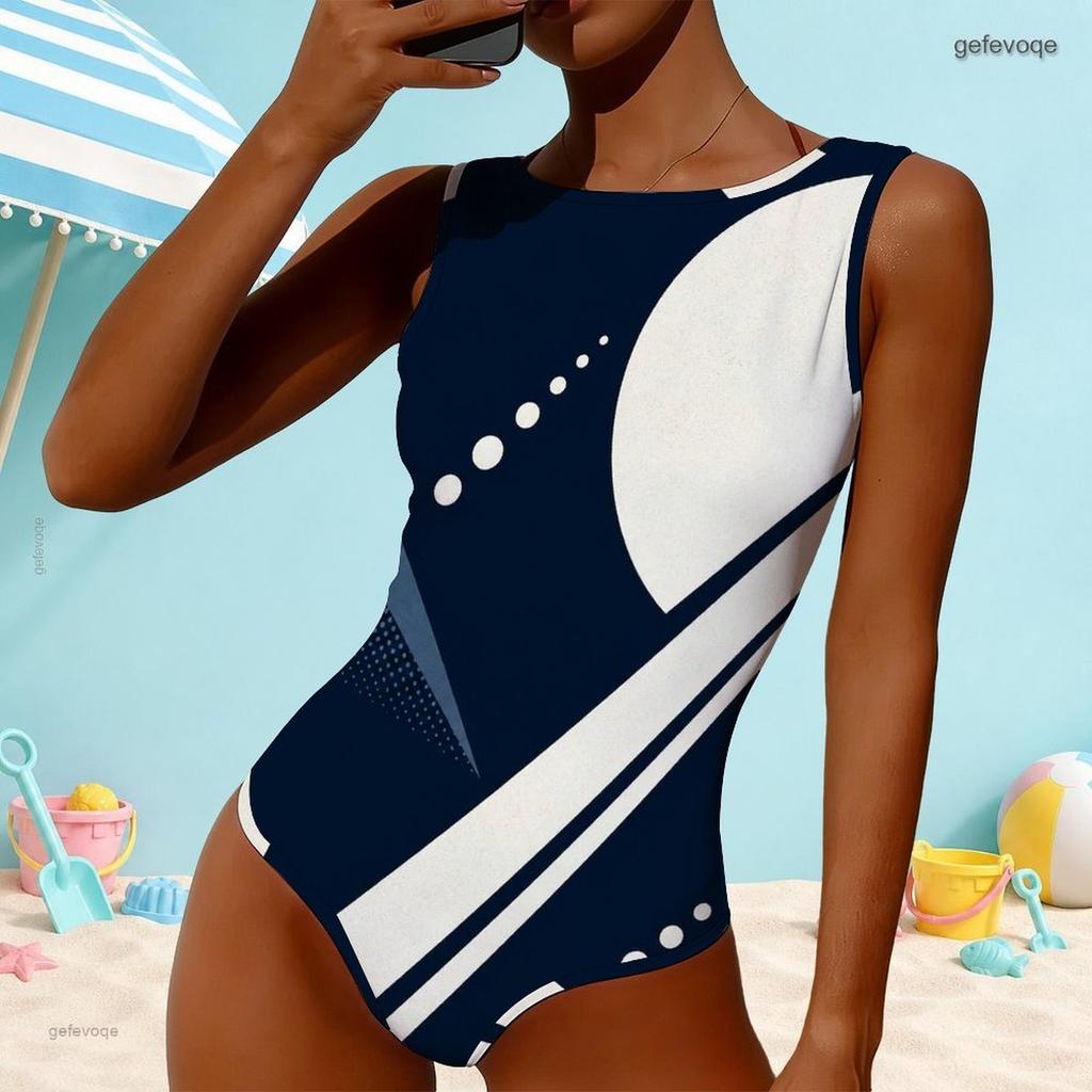 Women Plus Size High Round Neck Sleeveless One Piece Swimsuit Black White Grey Geometric Printed
