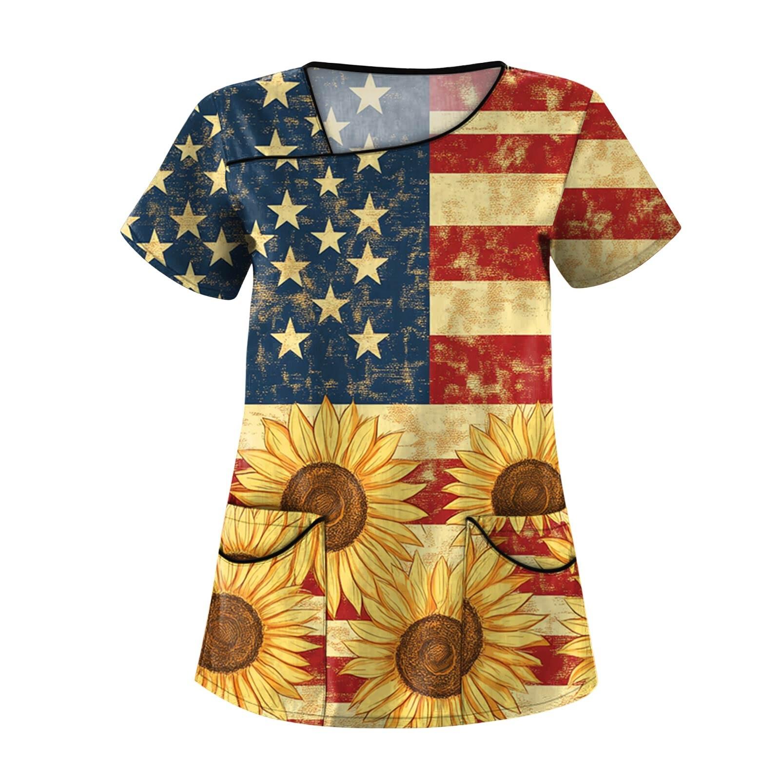 

Женская модная рабочая одежда с короткими рукавами с принтом и верхом с двойными карманами XXXL жёлтый