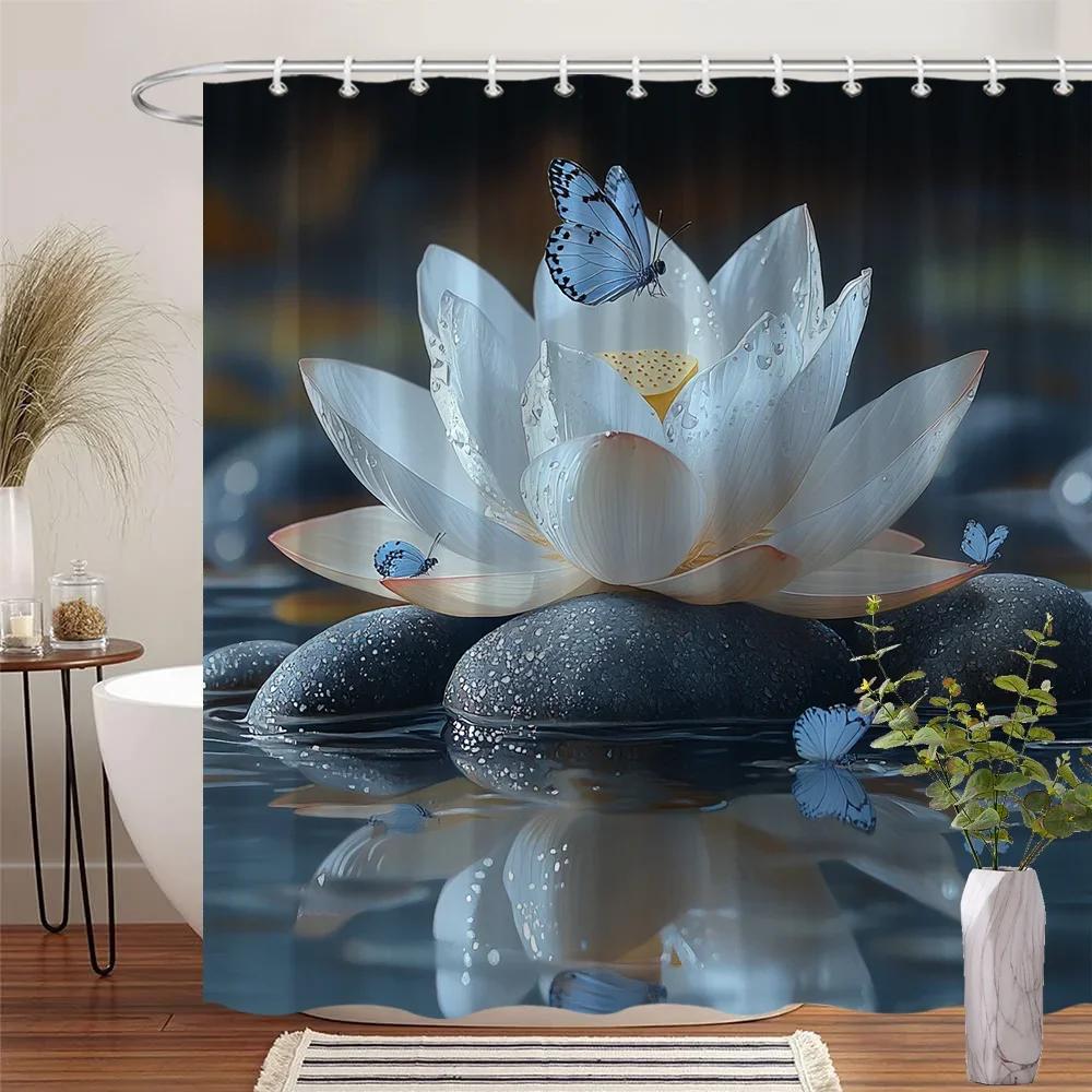 Serenity Lotus Shower Curtain for a Calm Bathroom, Featuring a Stunning White Lotus Flower with Blue Butterflies on Smooth