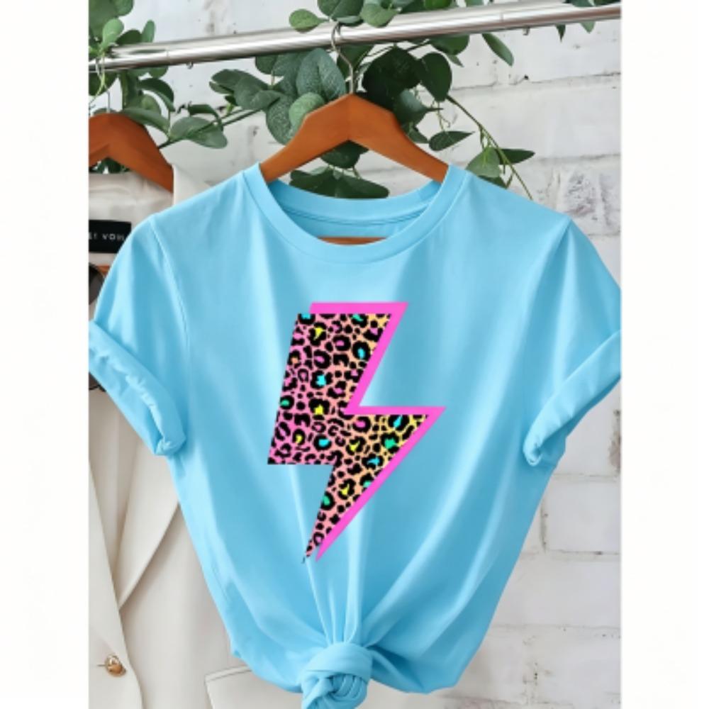 T-shirt Estive per Bambini 11 Colori Stampa Leopardo Neon Fulmine Moda Street Manica Corta Top Casual da Esterno per Ragazzo e Ragazza