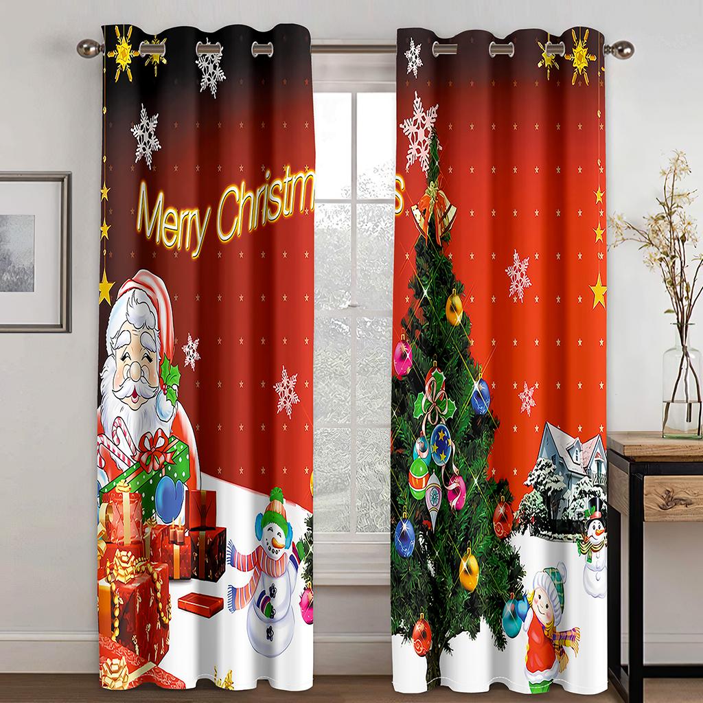 Veselé Vánoce Červený Sněhulák Stromeček Santa Claus Šťastný Nový Rok 2 panelové tenké stínící závěsy do obývacího pokoje Ložnice Háček Dekor