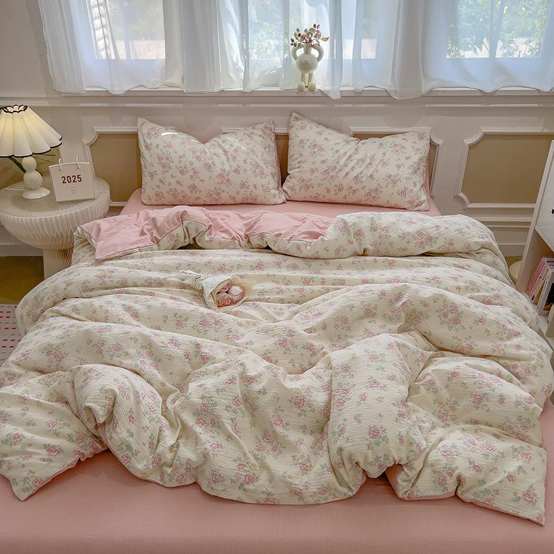Cream Wind Double Yarn Bedding Four-piece Set Skin-friendly Breathable Washed Sheets Quilt Cover Pillowcase