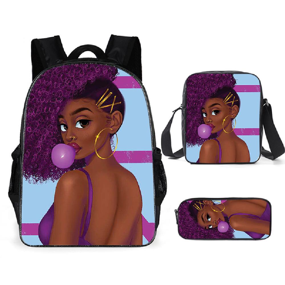 African Girl Cartoon African Girl Schoolbag Primary And Secondary School Backpack Backpack Three-Piece Set pencil bag