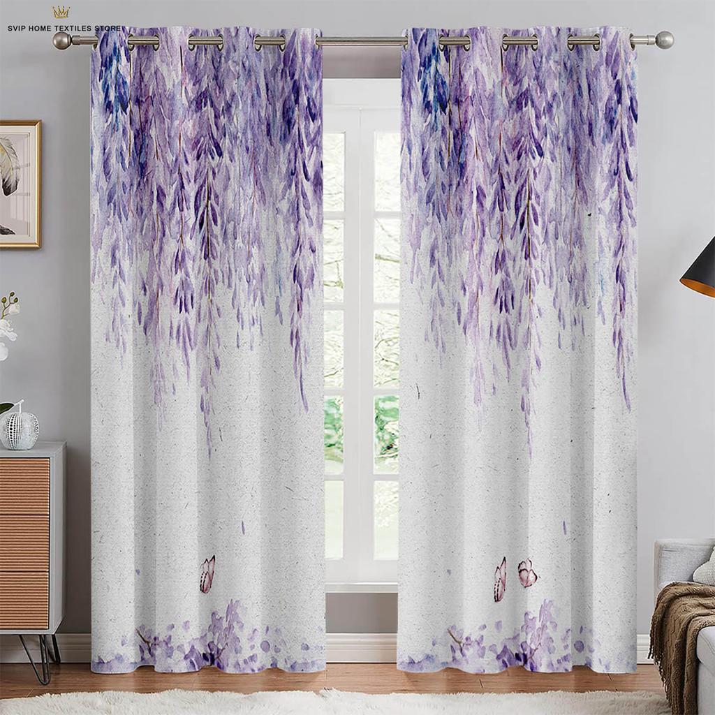 Butterfly Floral Watercolor Print Curtains, Decorative Curtains, Bedroom, Living Room, Study Room, Can Be Customized, 2 PCs