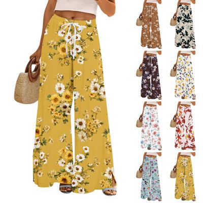Pantaloni Casual Larghi da Donna con Cintura Elastica Tasche Stampa Floreale Coulisse Regolabile