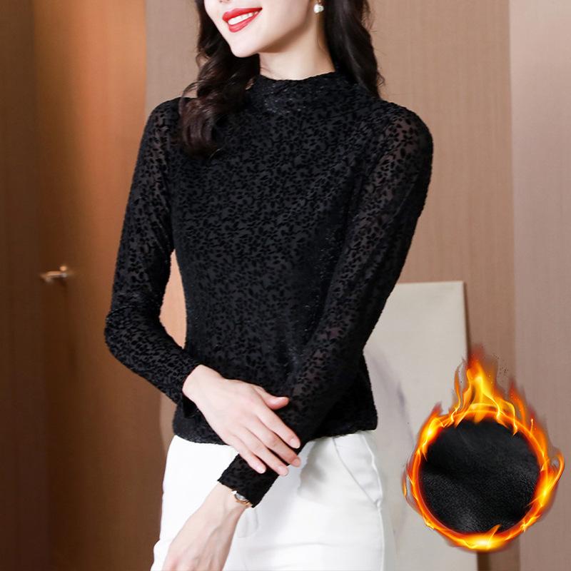 T-shirt Women's Long-sleeved Gold Velvet Top Spring New Half-turtleneck Plus Velvet Base Shirt