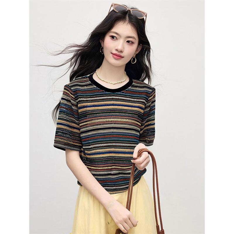 Women's Color Block Striped Knit Casual T-Shirt