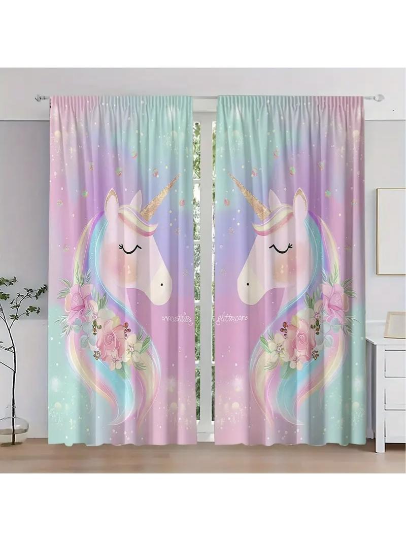 

2Pcs Pink Green Unicorn Curtain With Pole Bag Design, Protecting Privacy, Suitable For Various Decorative Scenes 24x59in(60x150CM)x2&Rod Pocket