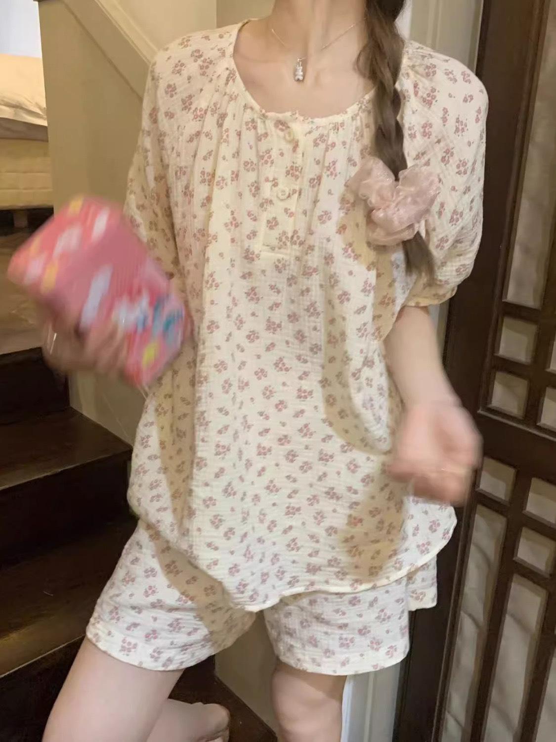Summer new floral small fragrant pajamas women s summer round neck short-sleeved shorts two-piece women s casual loungewear S