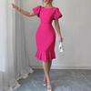 Women's Short Puff Sleeve Bodycon Dresses Crew Neck Ruffle Mermaid Hem Dress Cocktail Wedding