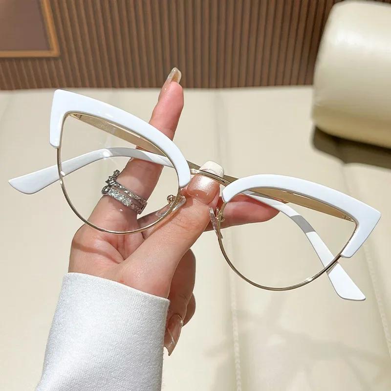 Metal Half Frame Cat Eye Reading Glasses Anti-blue Light Far Sight Glasses Women's Grade Presbyopia Glasses Diopters To +4.0