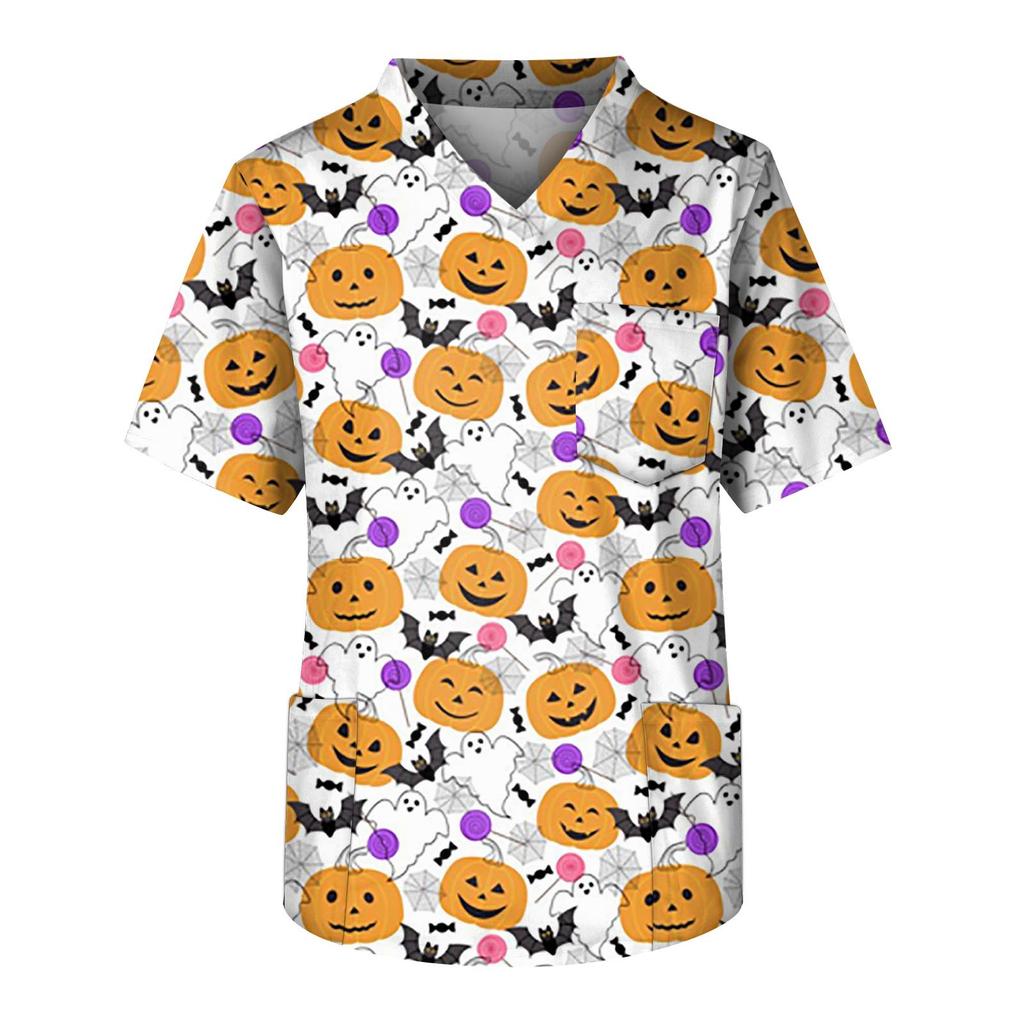 Plus rozmiar Halloween drukowane szorowanie jednolite topy robocze dla mężczyzn krzyżowy dekolt w serek z krótkim rękawem zabawne t-shirty odzież robocza Tee z kieszeniami