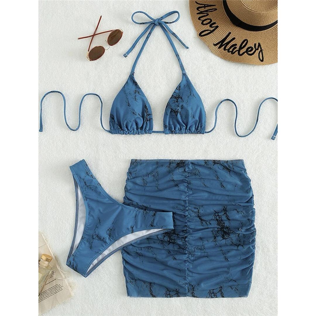 

Мода 4 цвета Tie Dye с юбкой-халтер бикини женский купальник женский купальник из трех частей бикини комплект купальный костюм купальный костюм S синий