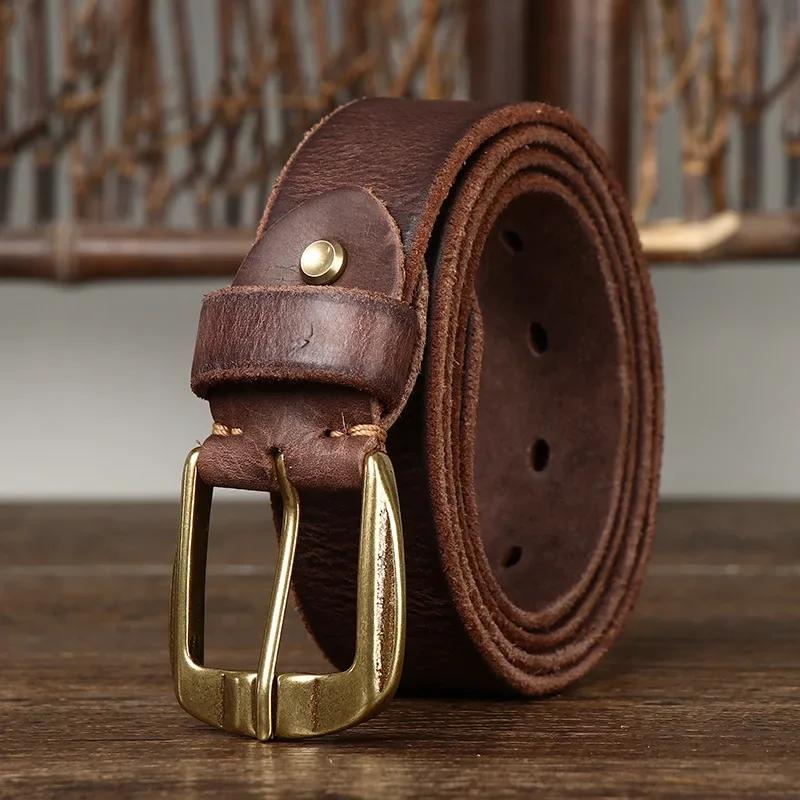 3.8CM Thick Cowhide Copper Buckle Genuine Leather Casual Jeans Cowboy Belt Men High Quality Retro Luxury Designer Male Strap