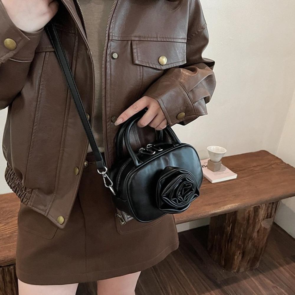 

Solid Color Rose Flower Bowling Bag PU Leather PU Crossbody Bag Elegant Silver Handbag Outdoor