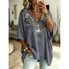 Plus Size Women's Retro Distressed Blue Imitation Embroidery Floral Print V-neck Bat Sleeve T-shirt Loose Casual Versatile Top