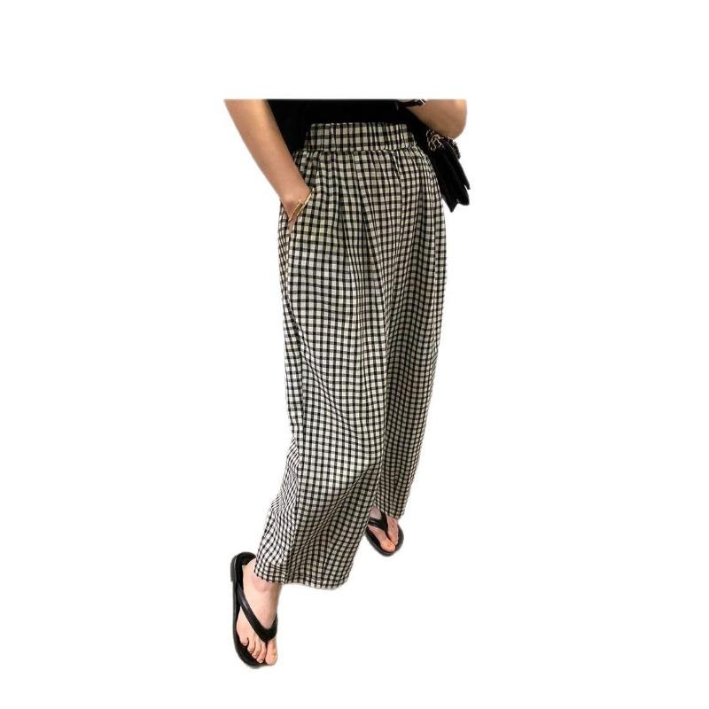 Retro new plaid nine-point slightly wide casual wide-leg pants women's thin and versatile high-waisted fashion sports straight pants