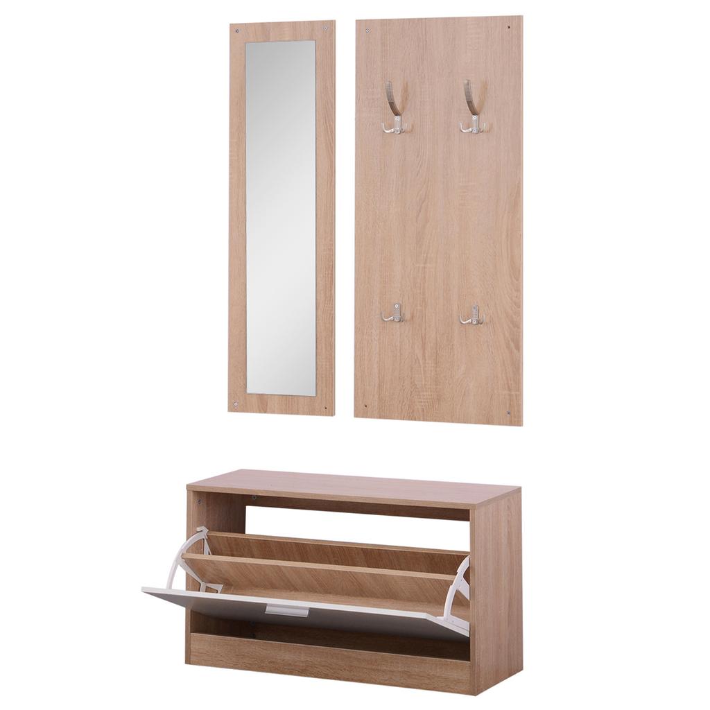 3-in-1 Flurmöbel-Set Garderobe Spiegel Schuhschrank Aufbewahrungs-Organizer m. Haken Holzfarbe