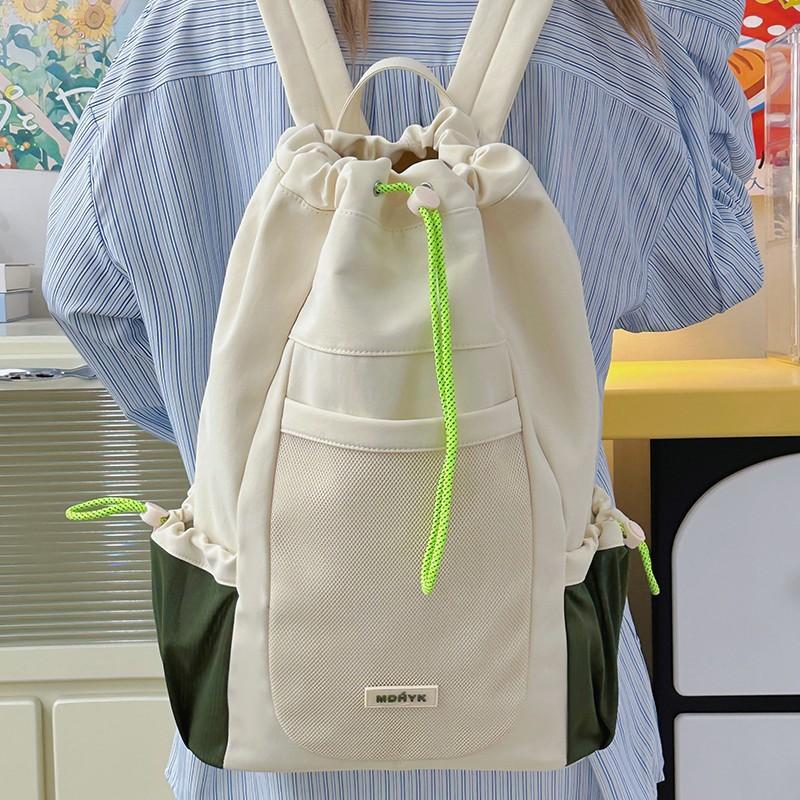 School Bag Korean Version Contrasting Color Drawstring Canvas Bundle Mouth Bag Travel Bag Outdoor Cycling Sports Back Women