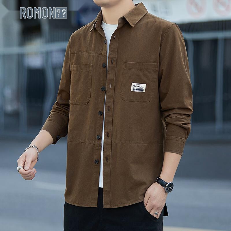 ROMON Men s 100% Cotton Loose Fit Long-Sleeve Shirt Jacket M