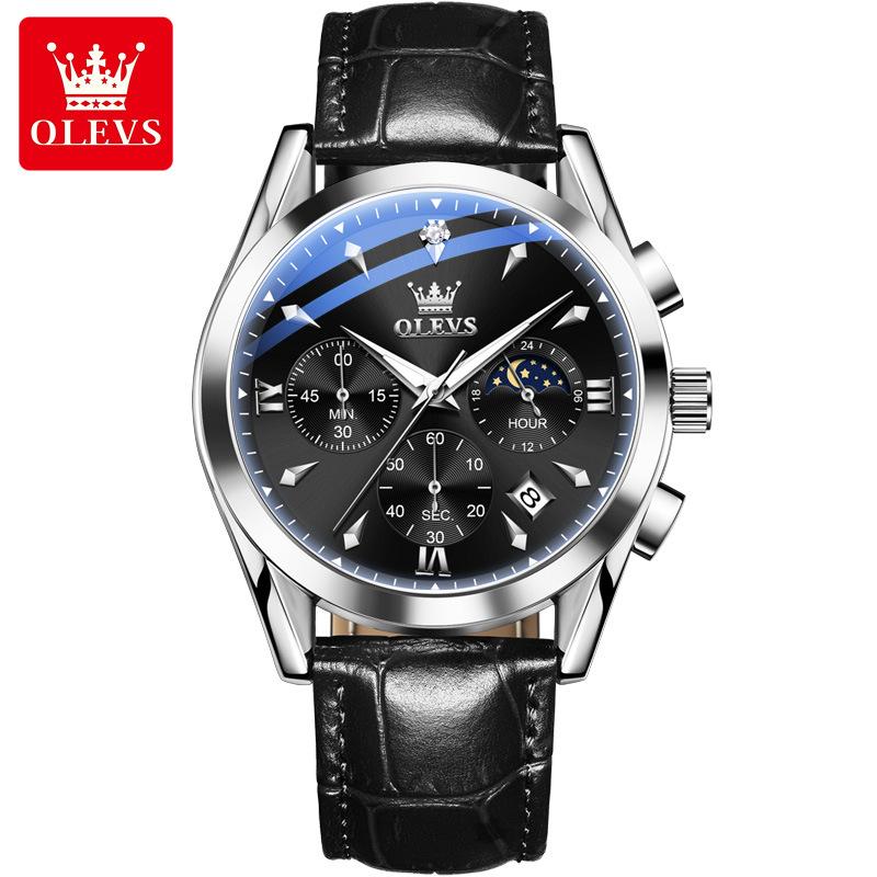 OLEVS Original Moon Phase Chronograph Man Watch Leather Strap Waterproof Luminous Luxury Brand Quartz Wrist Watches for Men