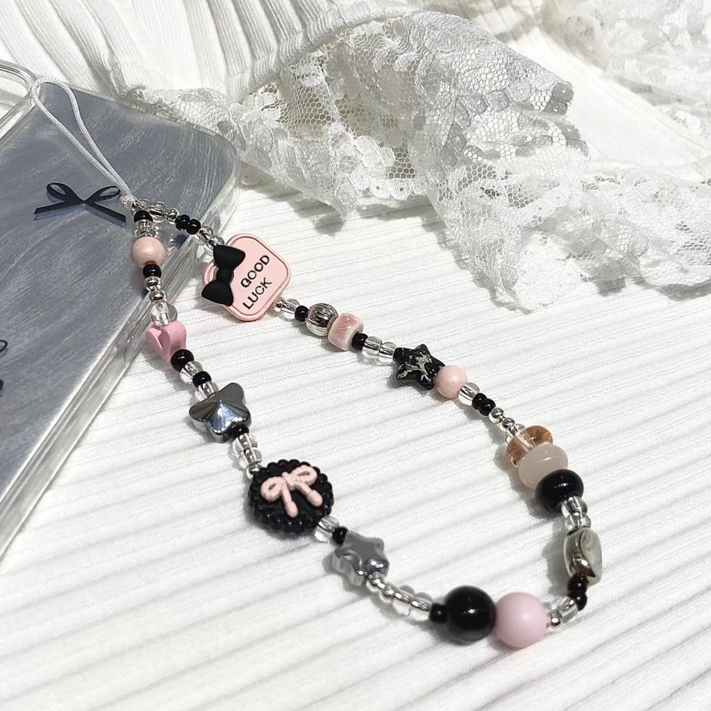 Original Ins Sweet Cool Pink and Ink Color Beaded Hot Girl Phone Chain DIY Lanyard Chain CCD Camera Pendant Hanging Chain