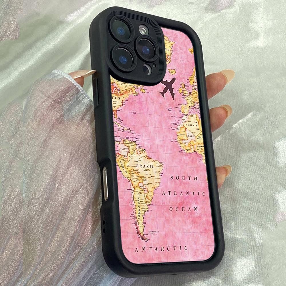 JT425 Pink World Travel Map for iPhone 17 16 15 14 13 Pro Max Samsung S26 S25 Ultra A17 A07 A56 A16 A14 Xiaomi 15T Redmi 15c Note 14 13 Soft Case