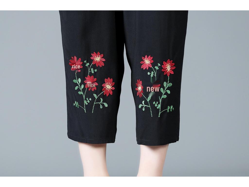 Mom's Summer Embroidered Cotton Linen Pants - Breathable Casual Fit for Women