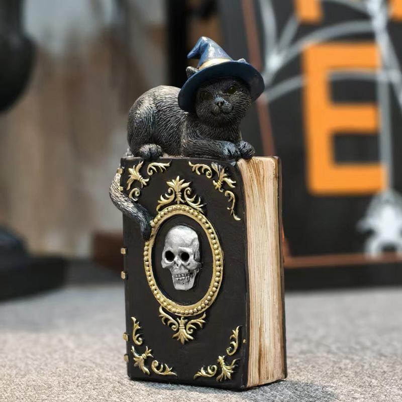 Halloween Ghost Hand Magic Book/Cat-on-Book Figurine Sculpture for Home Decor, Bedroom, Living Room, Entryway, and Holiday Decor