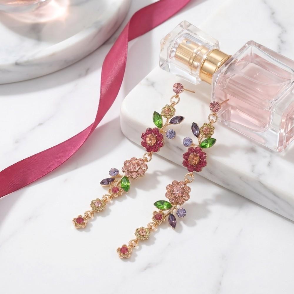 1 Pair Long Flower Drop Earrings Embellished Dangle Earrings  All Seasons Compatible