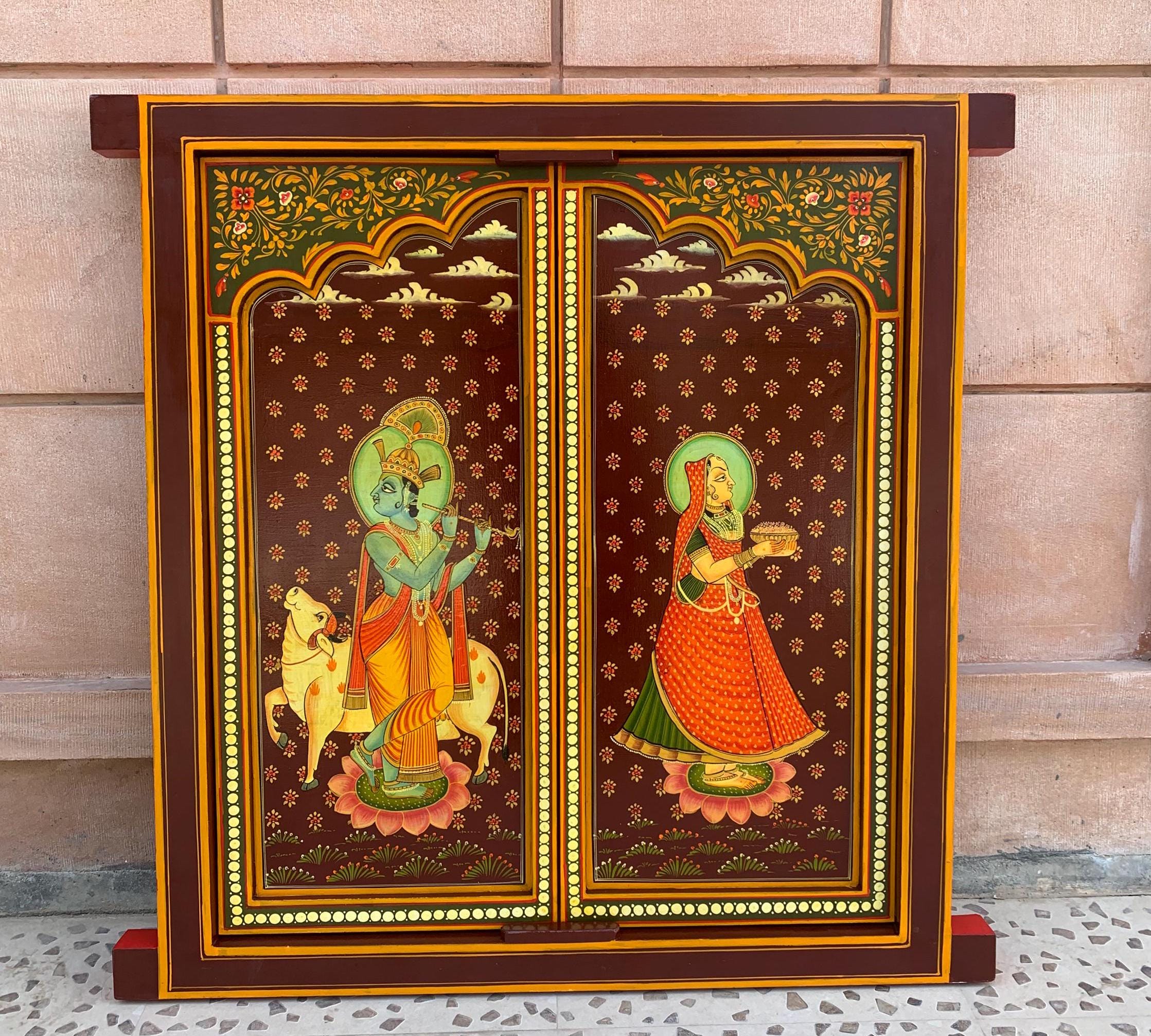 Hand Painted Radha Krishna Wooden Window: Hindu Wall Decor разноцветный