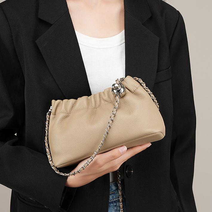 Genuine Leather Bag 2026 Popular Chain Armpit Bag Women's Cloud Pleated Bag Women's Bag Cowhide One-shoulder Crossbody Bag Gold Ball Chain