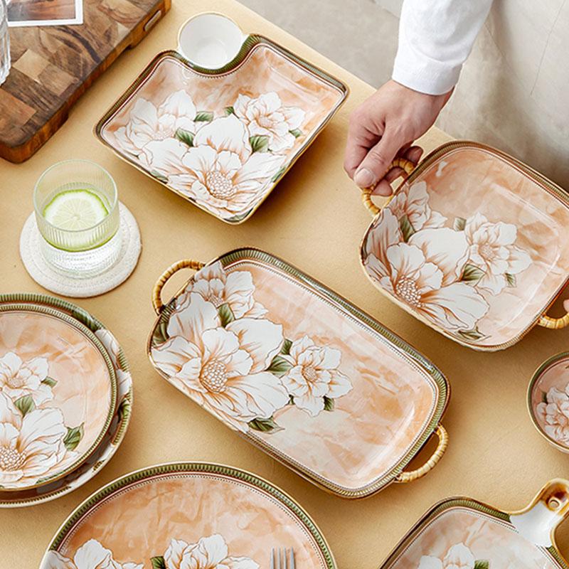Floral Pattern Dumplings Plates Household 7.5 Inch Underglazed Colour Kitchen Tableware with Vinegar Dish Aesthetic Square Plate