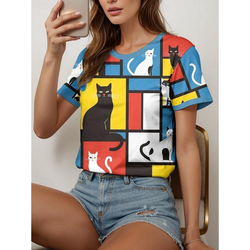 Women's T-Shirts Cartoon Cat Print T-Shirt Summer Harajuku Vintage Short Sleeved Tees O Neck Art Top Oversized Female Clothing