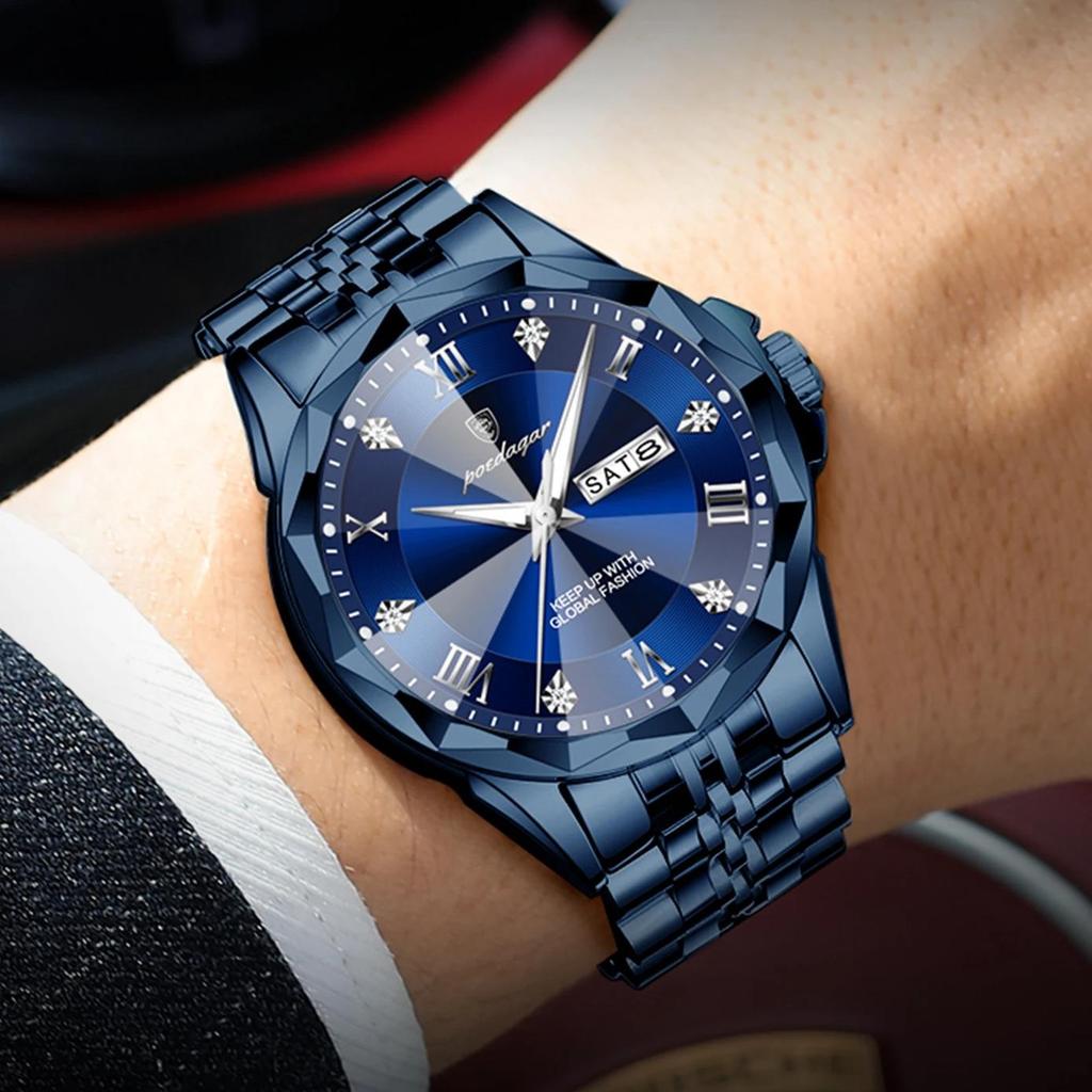 POEDAGAR Luxury Fashion Man Clock Top Business Waterproof Luminous Date Week Men's Watches Quartz Stainless Steel Wristwatch