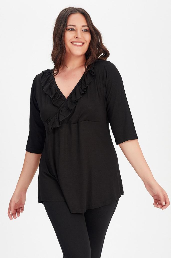 Damen Bluse in Übergröße Schwarz Übergröße Zweireihig Rüschenkragen Dreiviertelarm Bluse