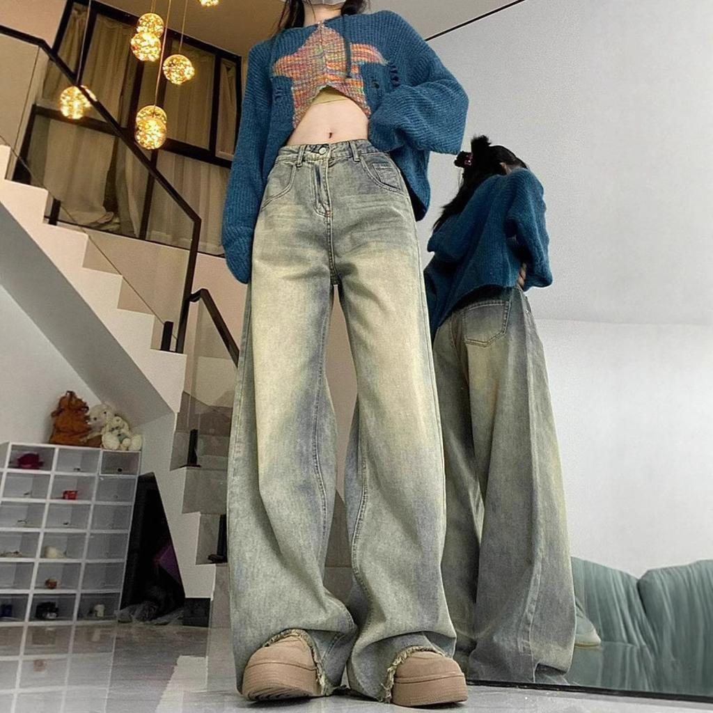 Jeans da Moda Confortáveis Vintage Lavados Velhos de Perna Larga Femininos Cintura Alta Skinny Soltos Retos Bainha Desfiada Calças Jeans Femininas Calças Jeans Longas