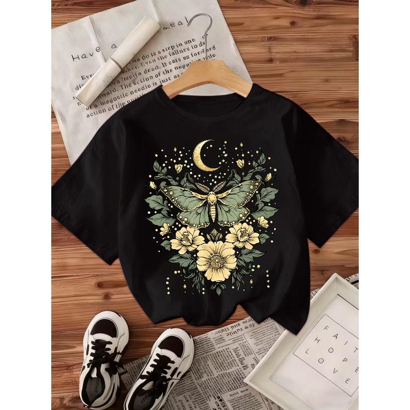 European sizes Girls' Retro Summer Round Neck Short-Sleeve T-Shirt, Featuring Moth, Crescent, And Floral Prints. Soft And Skin-Friendly