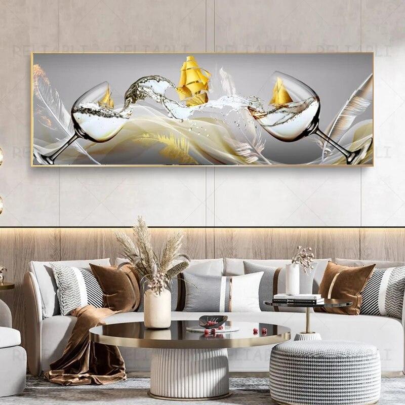 Moderne Luxus Leinwand Malerei Wein Glas Segelboot Dekorative Gemälde Wand Kunst Chinesische Goldene Wohnzimmer Schlafzimmer Decor Cuadros