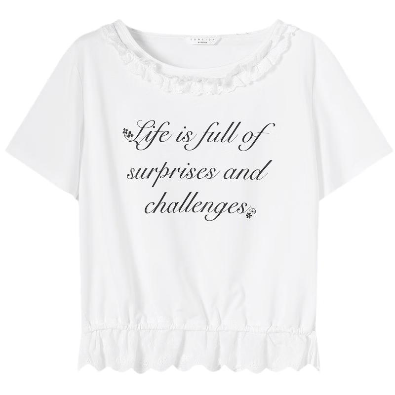TonLion Women s Lace Detail Short Sleeve T-Shirt L