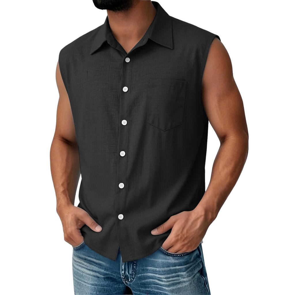 Men Sleeveless Button Down Shirt Casual Classic Fit Summer Lightweight Shirt with Chest Pocket for Daily Wear