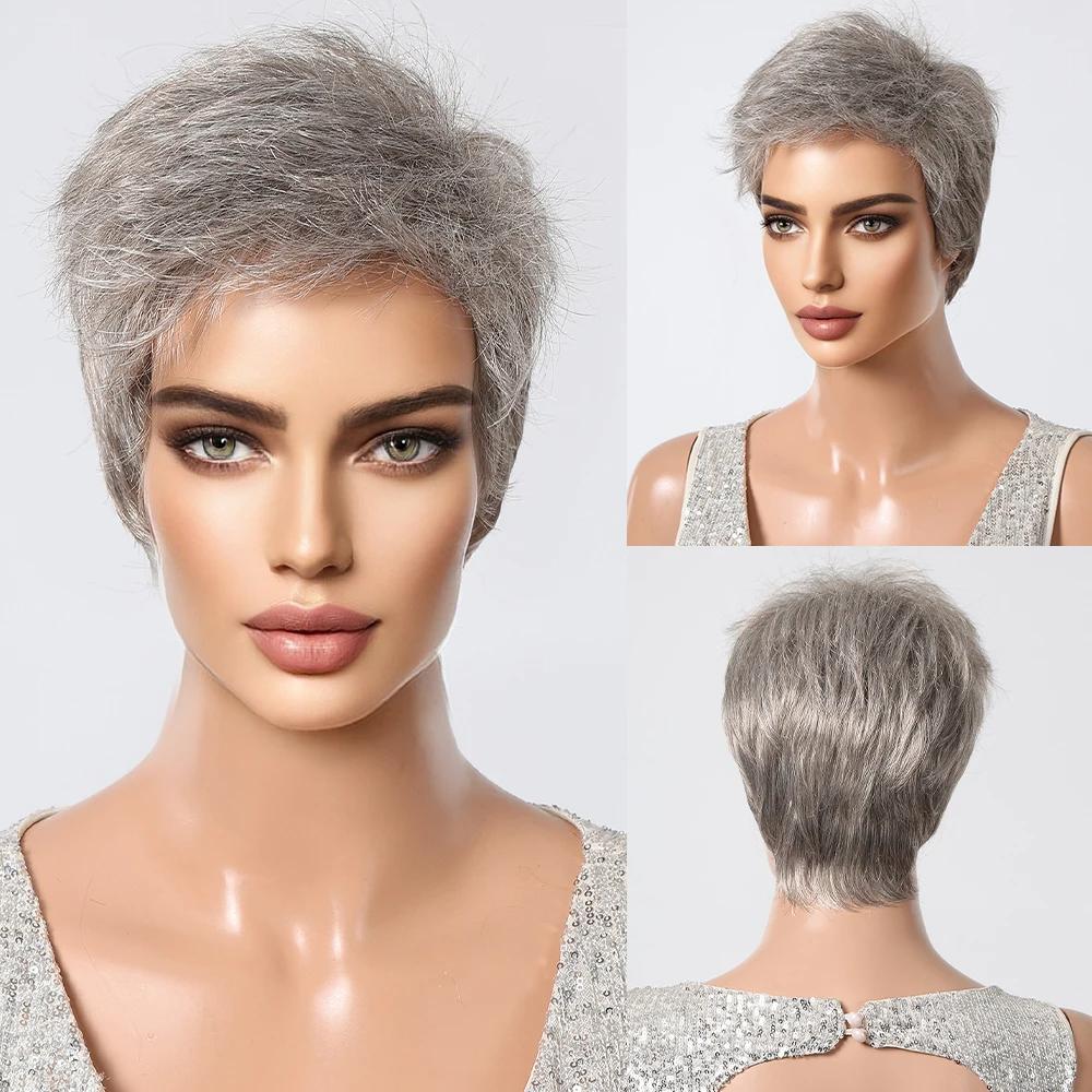 LOUIS FERRE Light Golden Blonde Pixie Cut Synthetic Wigs for Women Short Straight Layered Hair Wigs With Bangs for Daily Use