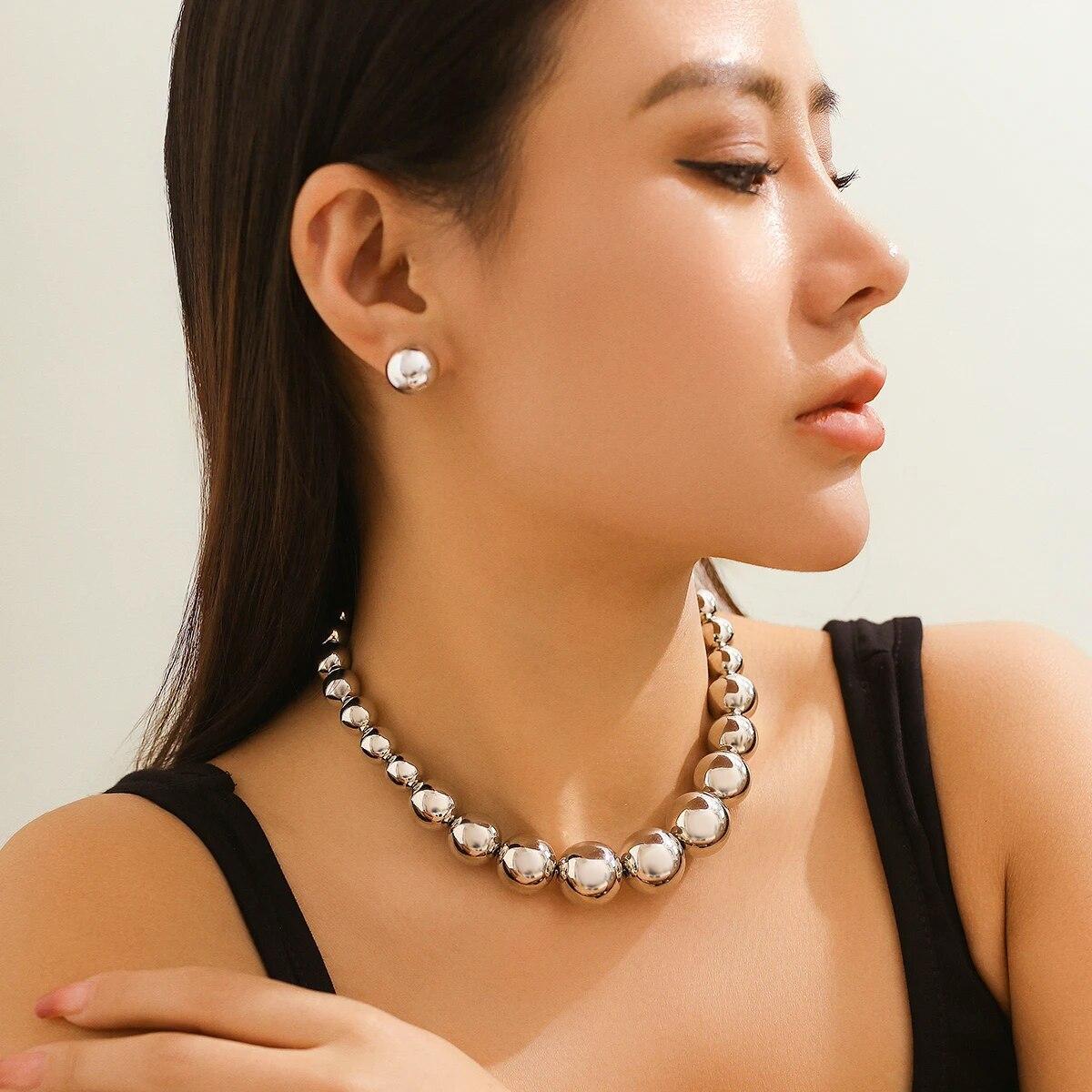 

2Pcs Exaggerated Gold Color Big Beads Necklace Stud Earrings for Women Luxury Punk CCB Choker Jewelry Set Party Club Accessories