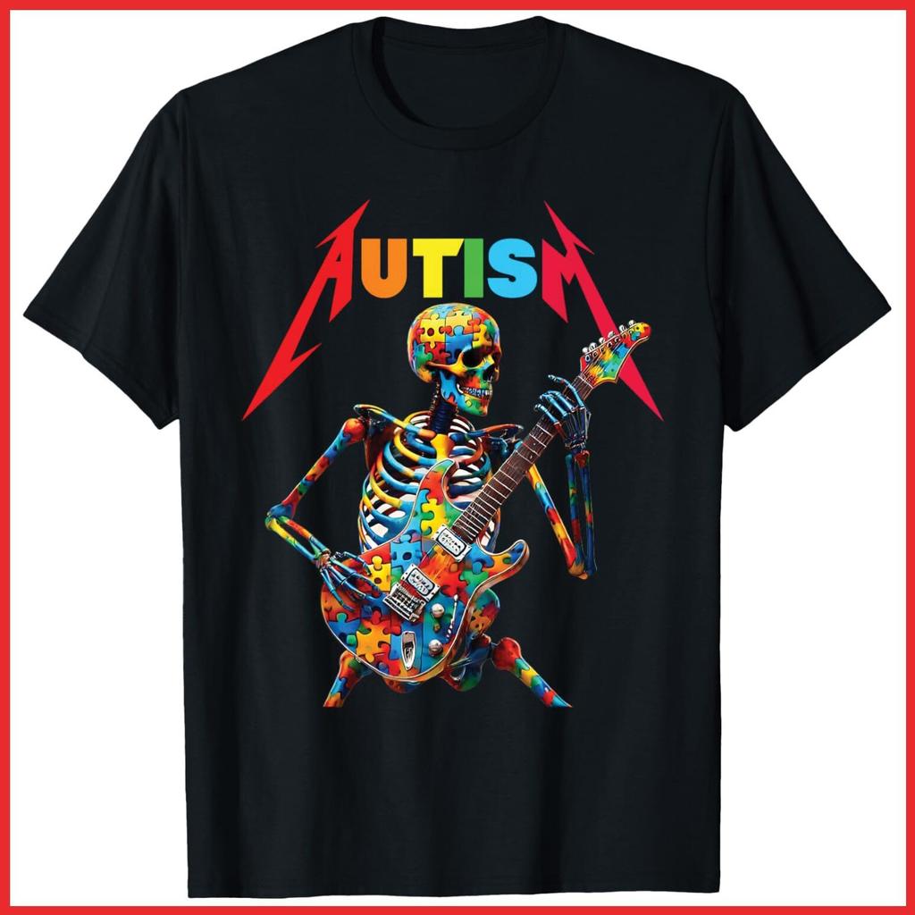 Autism Skeleton Guitar Player Rock Music Autism Awareness Black Cotton T-Shirt